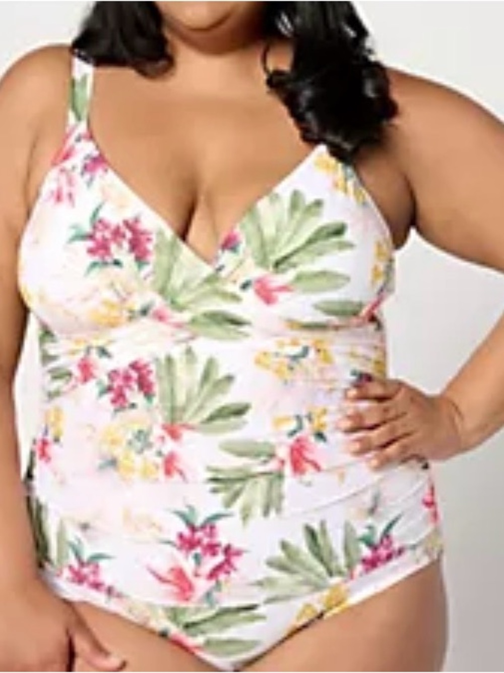 Plus Size Jantzen Floral Swimsuit in White with Green & Pink